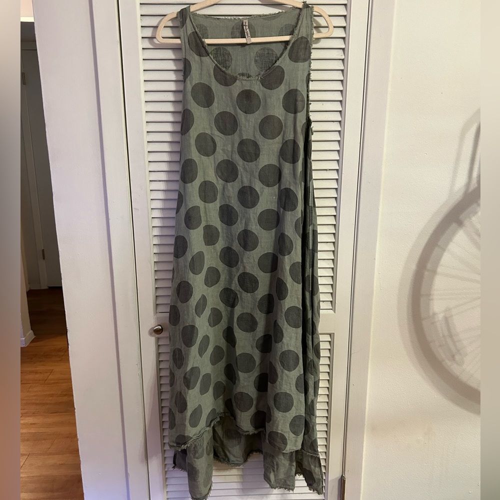 Magnolia Pearl Olive Green Polka Dot Midi Dress. European Linen
